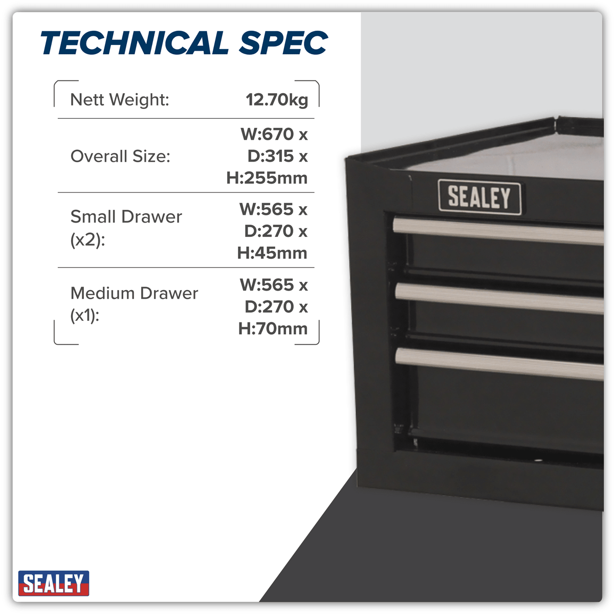 Sealey AP223B American PRO® Mid-Box Tool Chest 3 Drawer - Black - AP223B - Sealey Tools UK - Trade Counter Direct