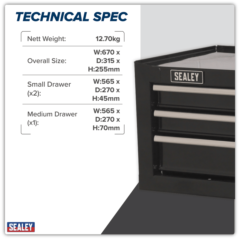 Sealey AP223B American PRO® Mid-Box Tool Chest 3 Drawer - Black - AP223B - Sealey Tools UK - Trade Counter Direct