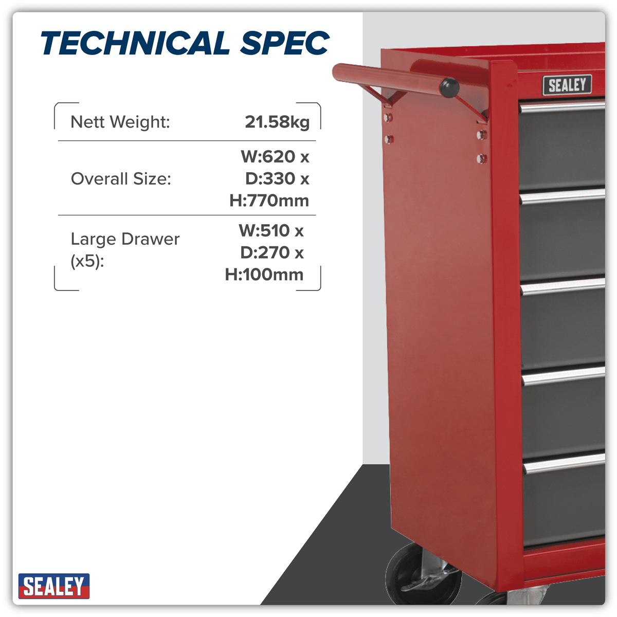 Sealey AP22505BB American PRO® Rollcab 5 Drawer - Red/Grey - AP22505BB - Sealey Tools UK - Trade Counter Direct