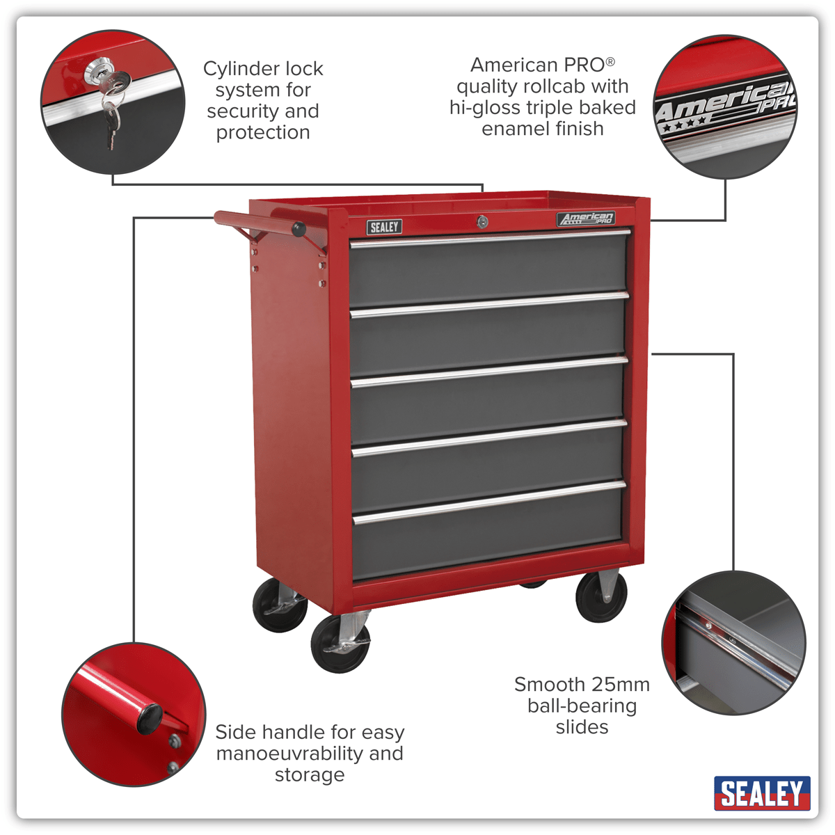 Sealey AP22505BB American PRO® Rollcab 5 Drawer - Red/Grey - AP22505BB - Sealey Tools UK - Trade Counter Direct