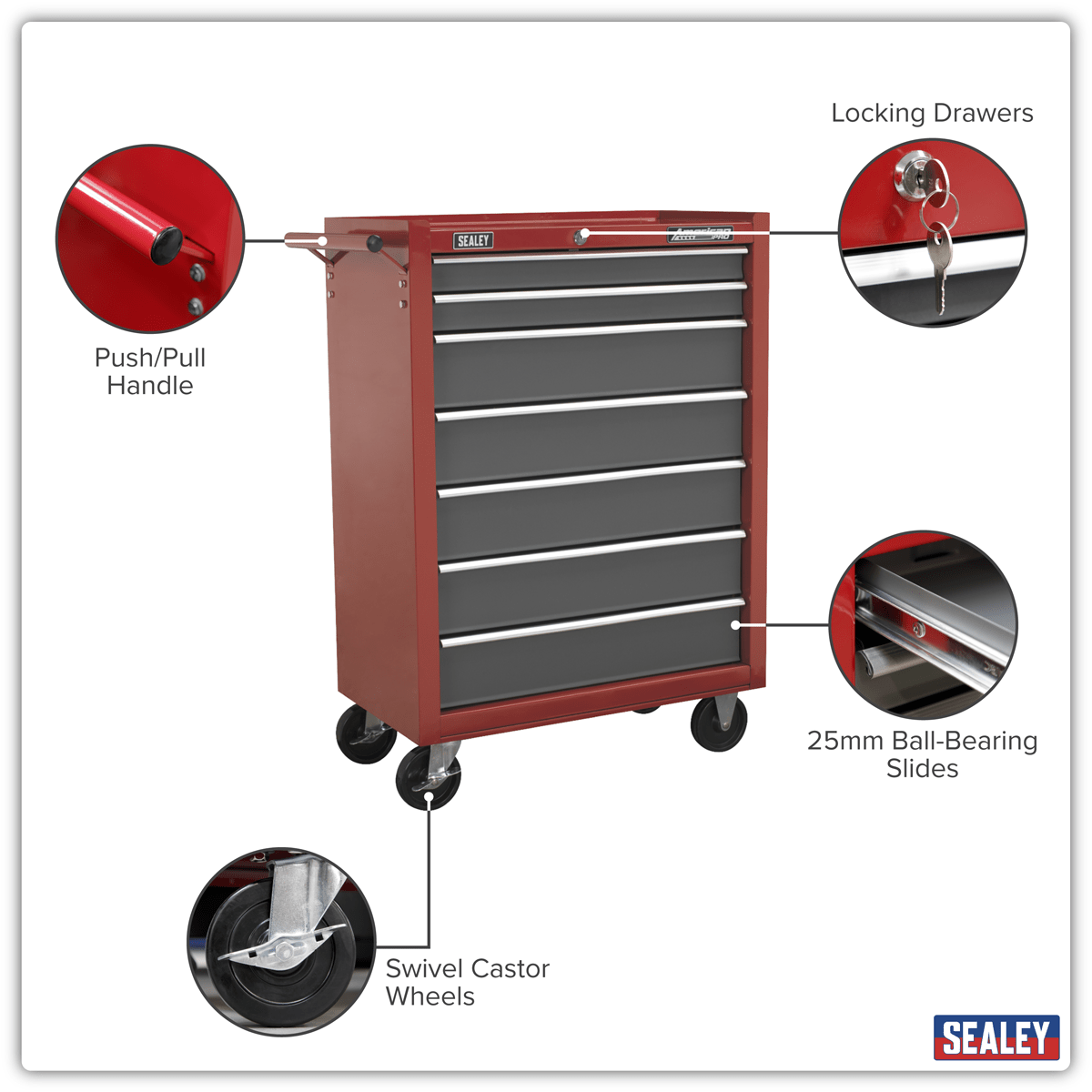 Sealey AP22507BB American PRO® Rollcab 7 Drawer - Red/Grey - AP22507BB - Sealey Tools UK - Trade Counter Direct