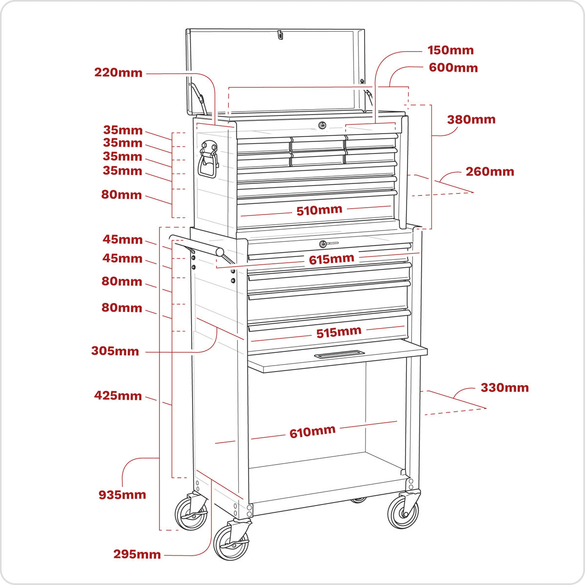 Sealey AP22513BB American PRO® Topchest & Rollcab Combination 13 Drawer - Red/Grey - AP22513BB - Sealey Tools UK - Trade Counter Direct