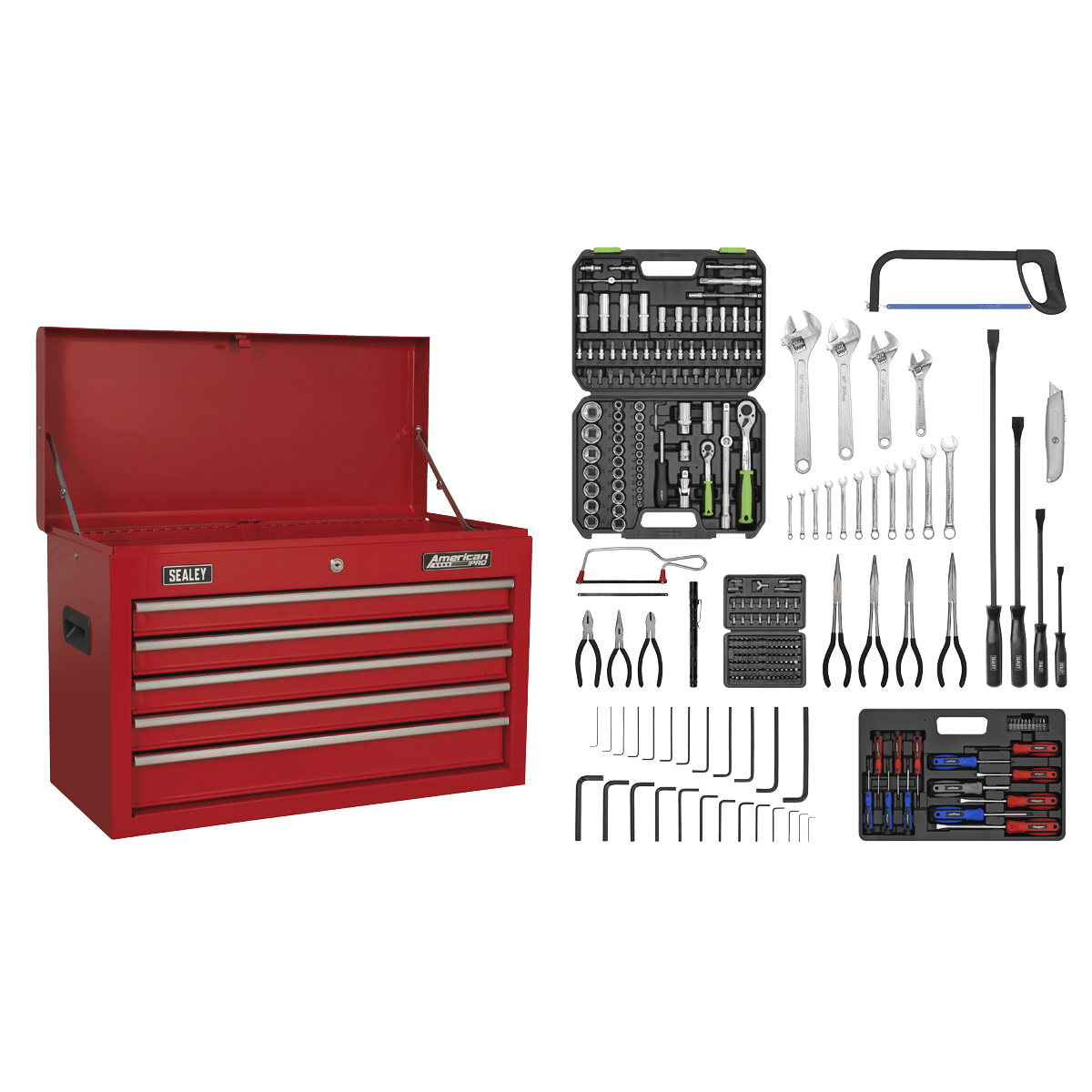 Sealey AP225COMBO American PRO® Topchest 5 Drawer with 272pc Tool Kit - Red - AP225COMBO - Sealey Tools UK - Trade Counter Direct