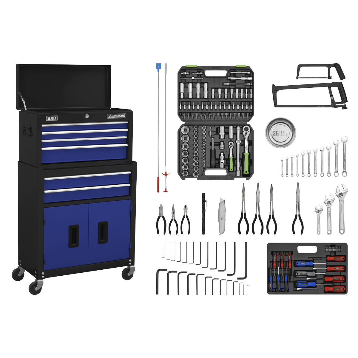 Sealey AP22BCOMBO American PRO® Topchest & Rollcab Combination 6 Drawer with 170pc Tool Kit - Blue/Black - AP22BCOMBO - Sealey Tools UK - Trade Counter Direct