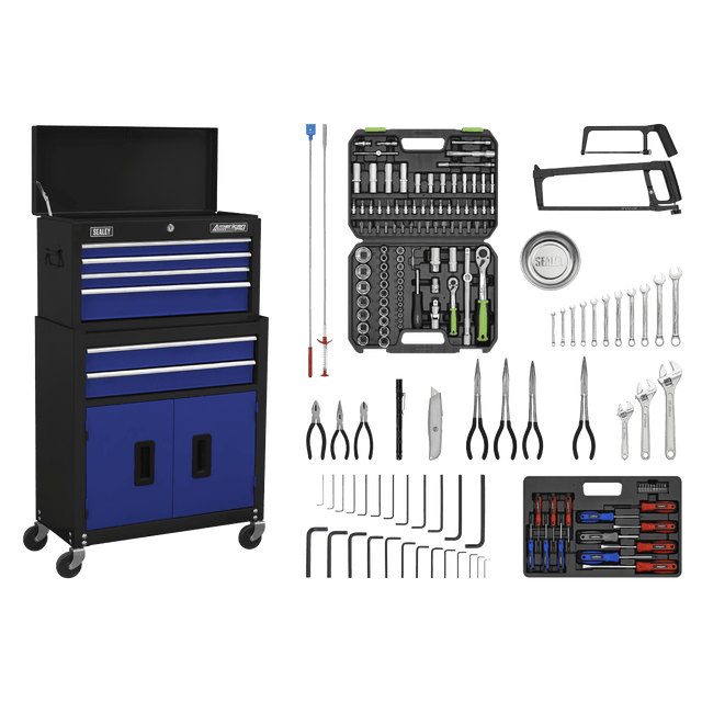 Sealey AP22BCOMBO American PRO® Topchest & Rollcab Combination 6 Drawer with 170pc Tool Kit - Blue/Black - AP22BCOMBO - Sealey Tools UK - Trade Counter Direct