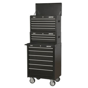 Sealey AP22BSTACK American PRO® Topchest, Mid-Box Tool Chest & Rollcab Stack 14 Drawer - Black - AP22BSTACK - Sealey Tools UK - Trade Counter Direct