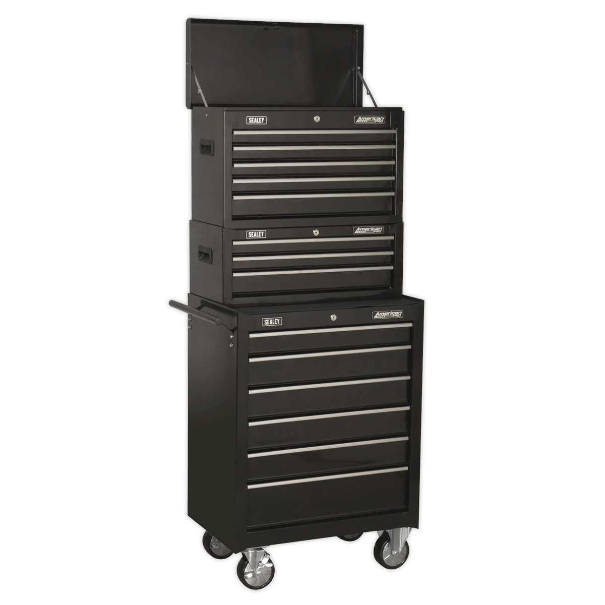 Sealey AP22BSTACK American PRO® Topchest, Mid-Box Tool Chest & Rollcab Stack 14 Drawer - Black - AP22BSTACK - Sealey Tools UK - Trade Counter Direct