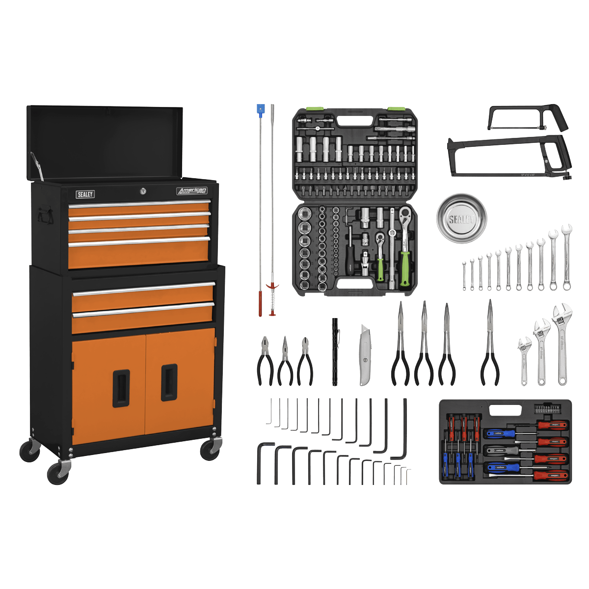 Sealey AP22OCOMBO American PRO® Topchest & Rollcab Combination 6 Drawer with 170pc Tool Kit - Orange/Black - AP22OCOMBO - Sealey Tools UK - Trade Counter Direct