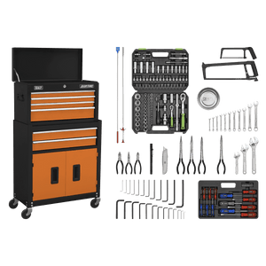 Sealey AP22OCOMBO American PRO® Topchest & Rollcab Combination 6 Drawer with 170pc Tool Kit - Orange/Black - AP22OCOMBO - Sealey Tools UK - Trade Counter Direct