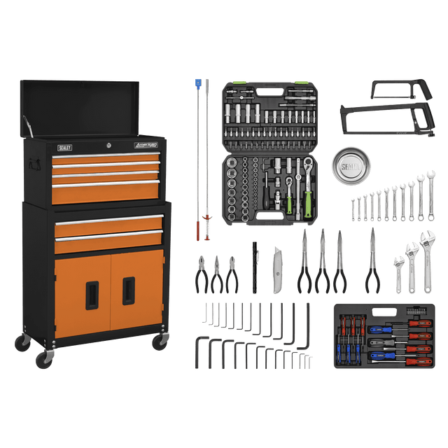 Sealey AP22OCOMBO American PRO® Topchest & Rollcab Combination 6 Drawer with 170pc Tool Kit - Orange/Black - AP22OCOMBO - Sealey Tools UK - Trade Counter Direct