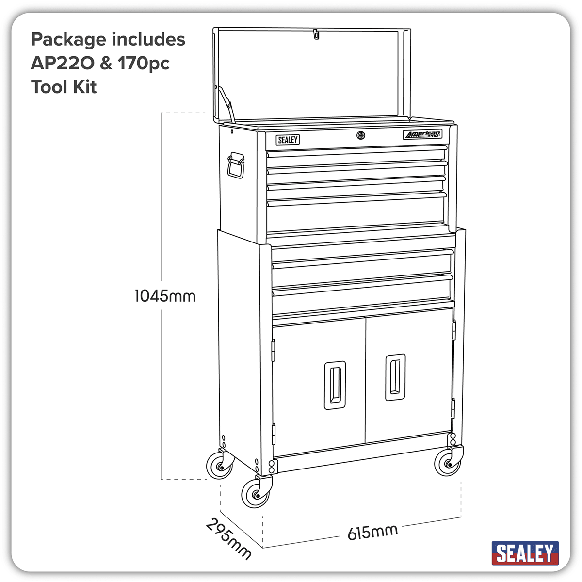 Sealey AP22OCOMBO American PRO® Topchest & Rollcab Combination 6 Drawer with 170pc Tool Kit - Orange/Black - AP22OCOMBO - Sealey Tools UK - Trade Counter Direct