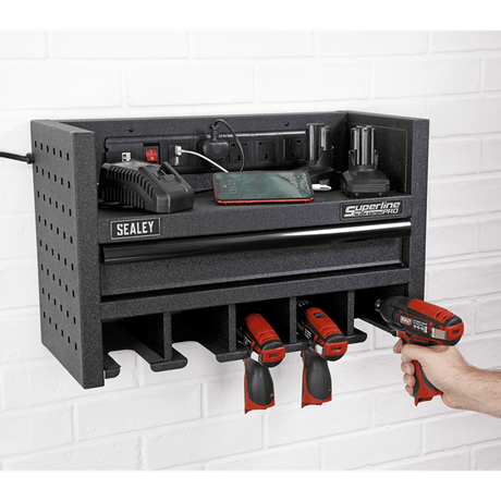 Sealey AP22SRBE Power Tool Storage Rack 560mm with Drawer & Power Strip - AP22SRBE - Sealey Tools UK - Trade Counter Direct