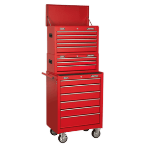 Sealey AP22STACK American PRO® Topchest, Mid-Box Tool Chest & Rollcab Stack 14 Drawer - Red - AP22STACK - Sealey Tools UK - Trade Counter Direct