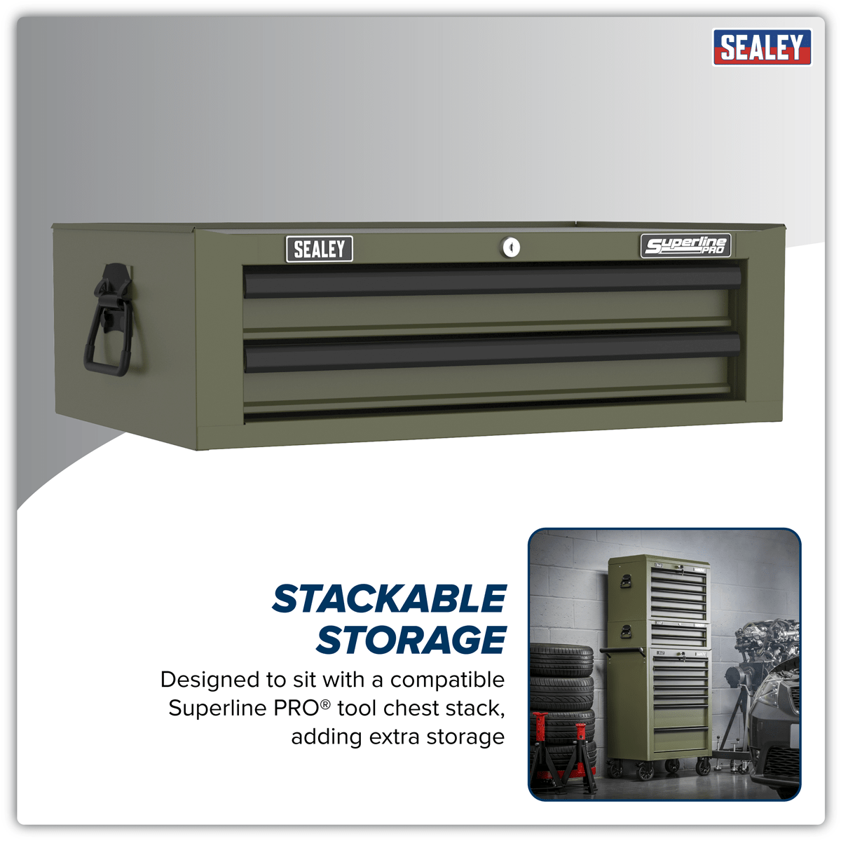 Sealey AP26029TK Superline PRO® Mid-Box Tool Chest 2 Drawer - Khaki - AP26029TK - Sealey Tools UK - Trade Counter Direct