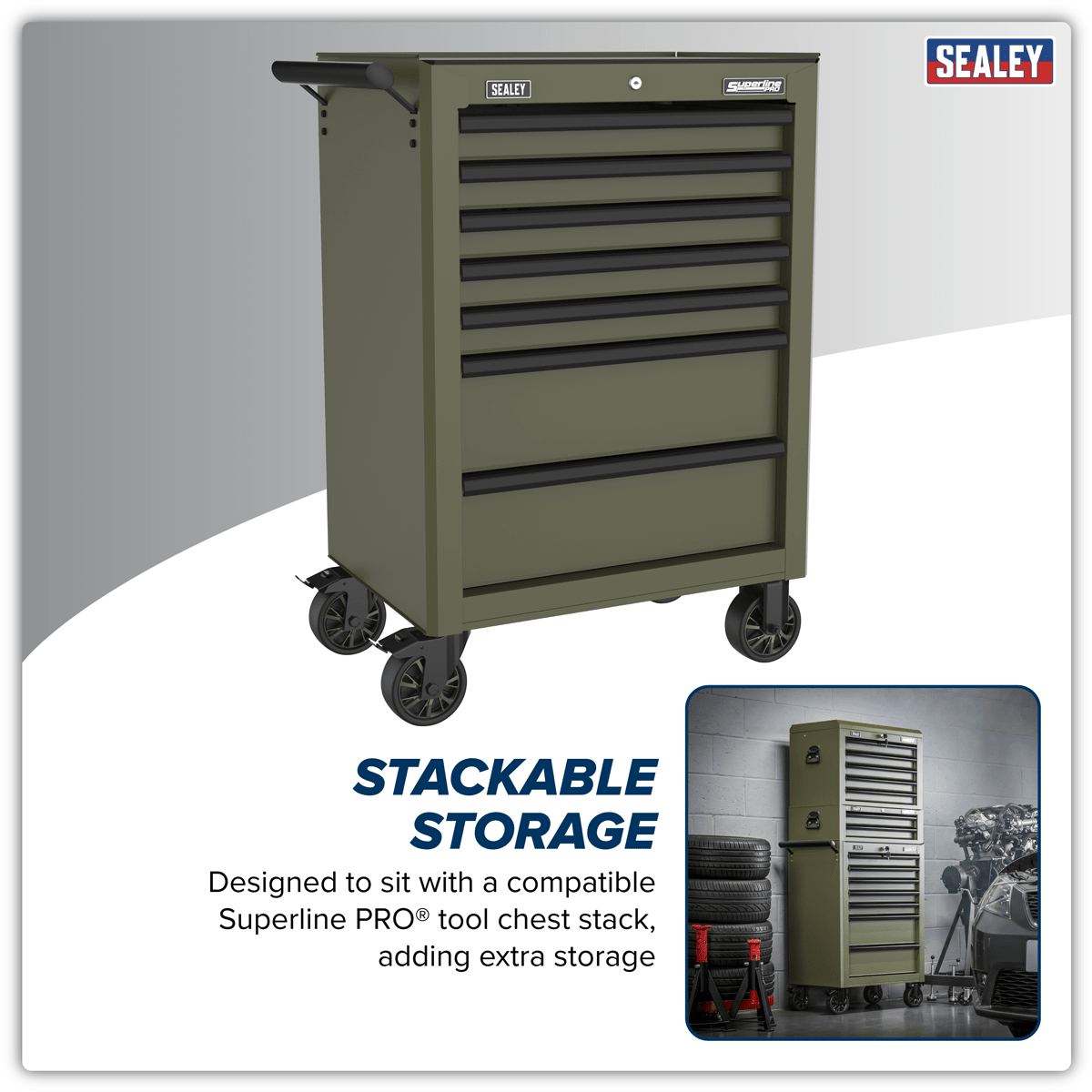 Sealey AP26479TK Superline PRO® Heavy-Duty Rollcab 7 Drawer - Khaki - AP26479TK - Sealey Tools UK - Trade Counter Direct