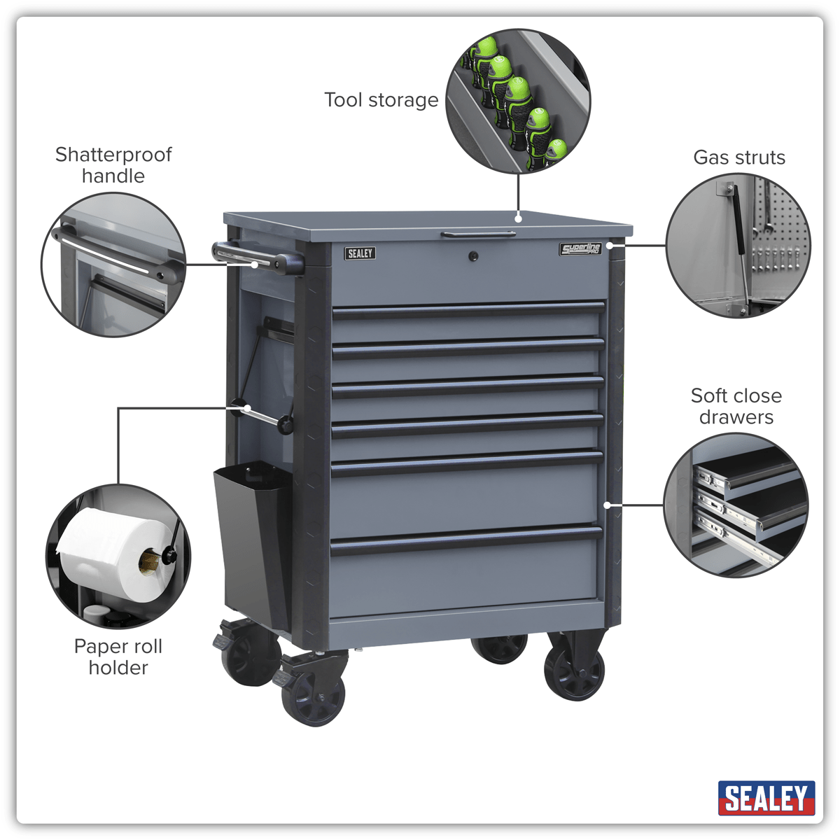 Sealey AP266G Superline Pro® Tool Trolley 6 Drawer - Grey - AP266G - Sealey Tools UK - Trade Counter Direct