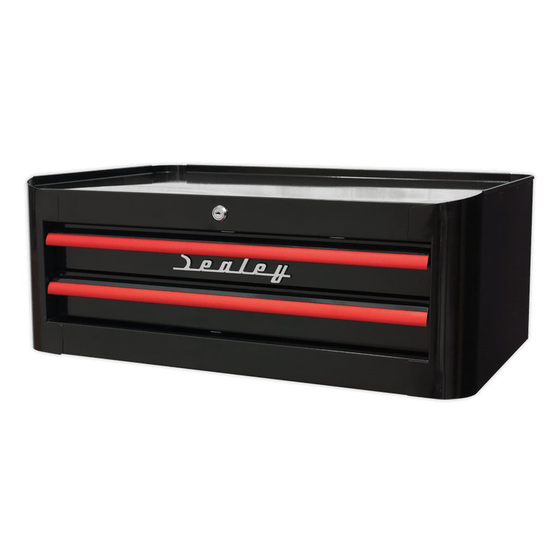 Sealey AP28102BR Premier™ Retro Style Mid-Box Tool Chest 2 Drawer - Black with Red Anodised Drawer Pulls - AP28102BR - Sealey Tools UK - Trade Counter Direct