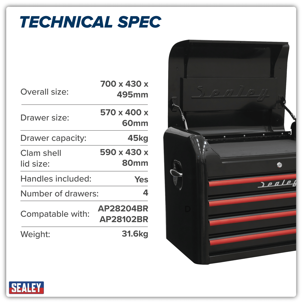 Sealey AP28104BR Premier™ Retro Style Topchest 4 Drawer - Black with Red Anodised Drawer Pulls - AP28104BR - Sealey Tools UK - Trade Counter Direct