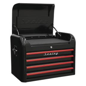 Sealey AP28104BR Premier™ Retro Style Topchest 4 Drawer - Black with Red Anodised Drawer Pulls - AP28104BR - Sealey Tools UK - Trade Counter Direct