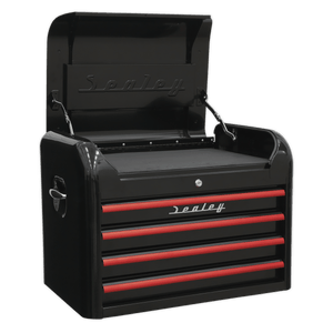 Sealey AP28104BR Premier™ Retro Style Topchest 4 Drawer - Black with Red Anodised Drawer Pulls - AP28104BR - Sealey Tools UK - Trade Counter Direct