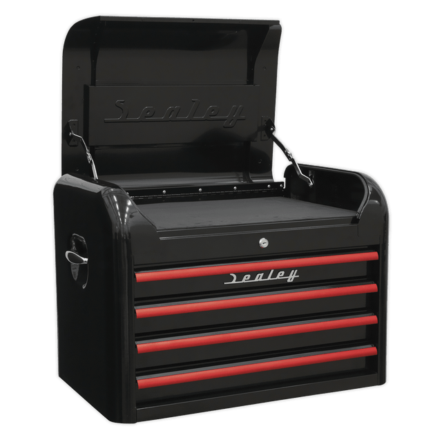 Sealey AP28104BR Premier™ Retro Style Topchest 4 Drawer - Black with Red Anodised Drawer Pulls - AP28104BR - Sealey Tools UK - Trade Counter Direct