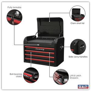 Sealey AP28104BR Premier™ Retro Style Topchest 4 Drawer - Black with Red Anodised Drawer Pulls - AP28104BR - Sealey Tools UK - Trade Counter Direct