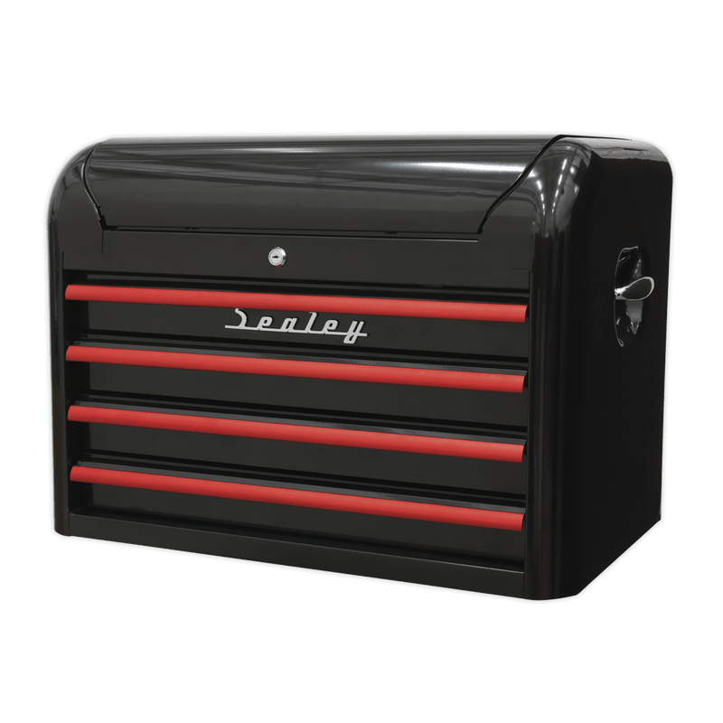 Sealey AP28104BR Premier™ Retro Style Topchest 4 Drawer - Black with Red Anodised Drawer Pulls - AP28104BR - Sealey Tools UK - Trade Counter Direct