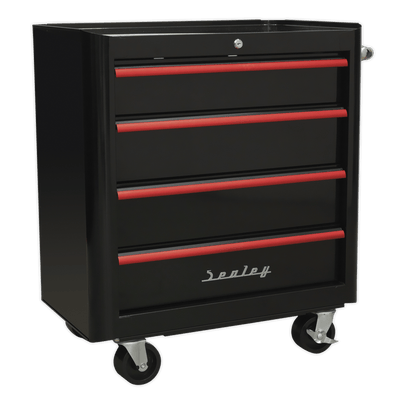 Sealey AP28204BR Premier™ Retro Style Rollcab 4 Drawer - Black with Red Anodised Drawer Pulls - AP28204BR - Sealey Tools UK - Trade Counter Direct