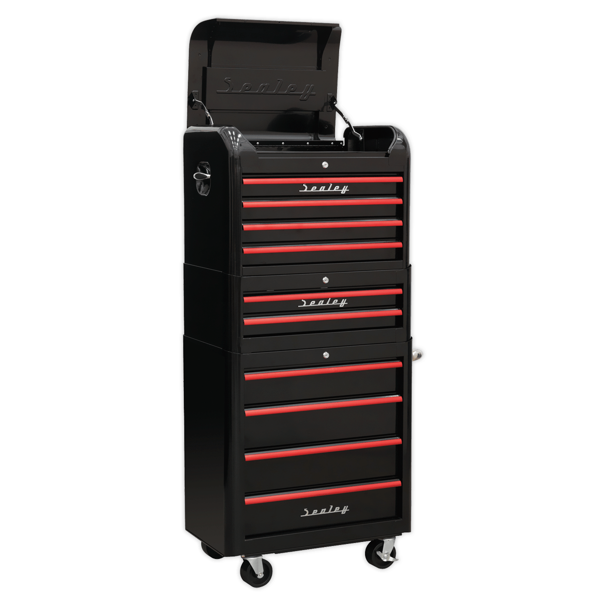 Sealey AP28COMBO2BR Premier™ Retro Style Topchest, Mid-Box Tool Chest & Rollcab Combination 10 Drawer - Black with Red Anodised Drawer Pulls - AP28COMBO2BR - Sealey Tools UK - Trade Counter Direct
