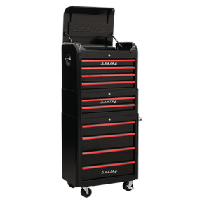 Sealey AP28COMBO2BR Premier™ Retro Style Topchest, Mid-Box Tool Chest & Rollcab Combination 10 Drawer - Black with Red Anodised Drawer Pulls - AP28COMBO2BR - Sealey Tools UK - Trade Counter Direct