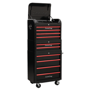 Sealey AP28COMBO2BR Premier™ Retro Style Topchest, Mid-Box Tool Chest & Rollcab Combination 10 Drawer - Black with Red Anodised Drawer Pulls - AP28COMBO2BR - Sealey Tools UK - Trade Counter Direct