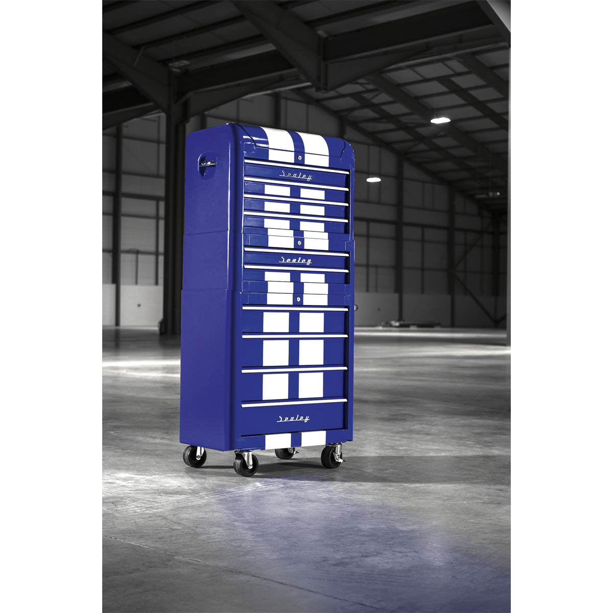 Sealey AP28COMBO2BWS Premier™ Retro Style Topchest, Mid-Box Tool Chest & Rollcab Combination 10 Drawer - Blue with White Stripes - AP28COMBO2BWS - Sealey Tools UK - Trade Counter Direct