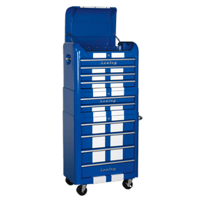 Sealey AP28COMBO2BWS Premier™ Retro Style Topchest, Mid-Box Tool Chest & Rollcab Combination 10 Drawer - Blue with White Stripes - AP28COMBO2BWS - Sealey Tools UK - Trade Counter Direct