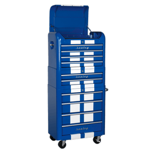 Sealey AP28COMBO2BWS Premier™ Retro Style Topchest, Mid-Box Tool Chest & Rollcab Combination 10 Drawer - Blue with White Stripes - AP28COMBO2BWS - Sealey Tools UK - Trade Counter Direct