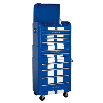 Sealey AP28COMBO2BWS Premier™ Retro Style Topchest, Mid-Box Tool Chest & Rollcab Combination 10 Drawer - Blue with White Stripes - AP28COMBO2BWS - Sealey Tools UK - Trade Counter Direct