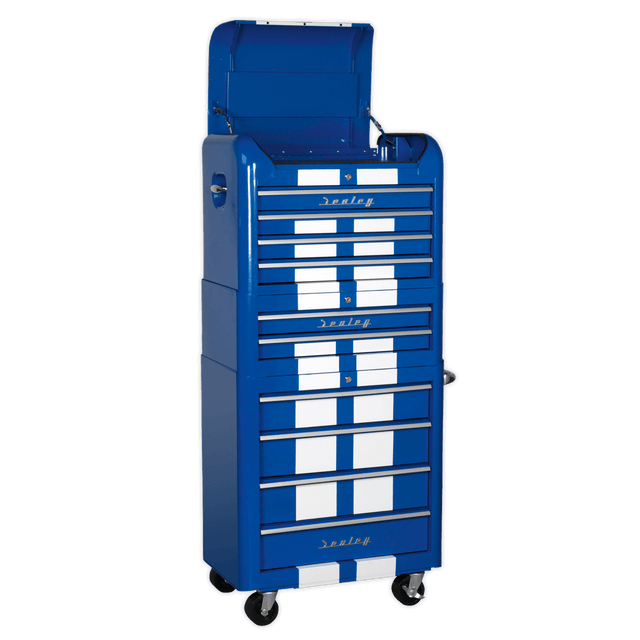 Sealey AP28COMBO2BWS Premier™ Retro Style Topchest, Mid-Box Tool Chest & Rollcab Combination 10 Drawer - Blue with White Stripes - AP28COMBO2BWS - Sealey Tools UK - Trade Counter Direct