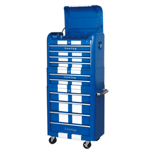Sealey AP28COMBO2BWS Premier™ Retro Style Topchest, Mid-Box Tool Chest & Rollcab Combination 10 Drawer - Blue with White Stripes - AP28COMBO2BWS - Sealey Tools UK - Trade Counter Direct