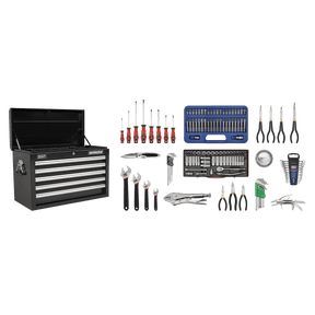 Sealey AP33059BCOMBO Topchest 5 Drawer with Ball Bearing Slides - Black & 140pc Tool Kit - AP33059BCOMBO - Sealey Tools UK - Trade Counter Direct