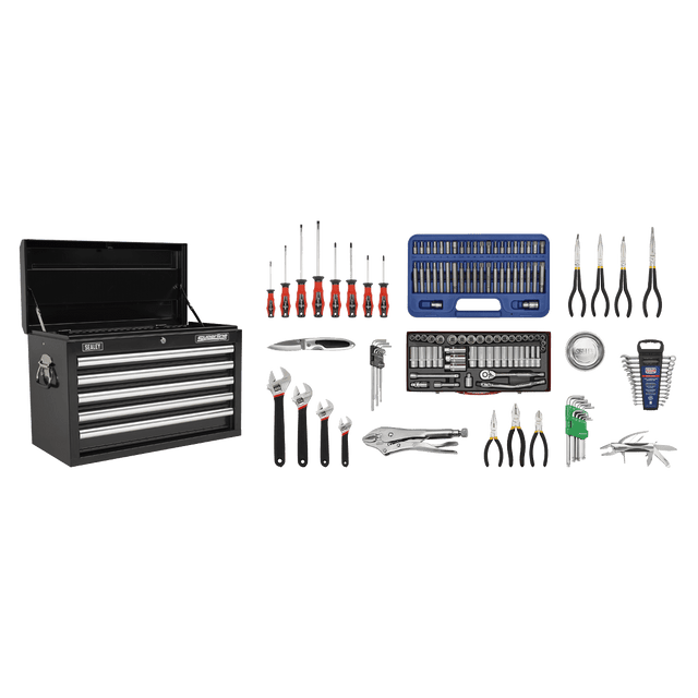 Sealey AP33059BCOMBO Topchest 5 Drawer with Ball Bearing Slides - Black & 140pc Tool Kit - AP33059BCOMBO - Sealey Tools UK - Trade Counter Direct