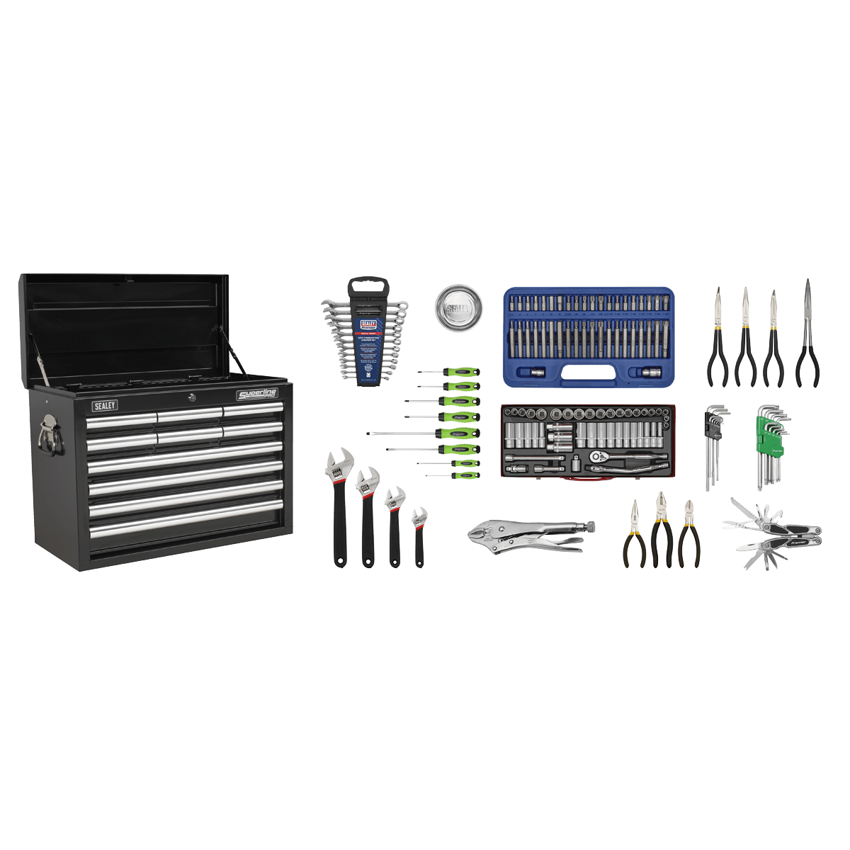 Sealey AP33109BCOMBO Superline PRO® Topchest 10 Drawer with 140pc Tool Kit - Black - AP33109BCOMBO - Sealey Tools UK - Trade Counter Direct