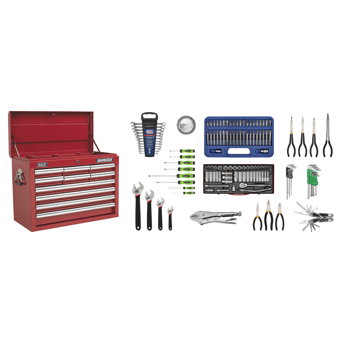 Sealey AP33109COMBO Superline PRO® Topchest 10 Drawer with 139pc Tool Kit - Red - AP33109COMBO - Sealey Tools UK - Trade Counter Direct
