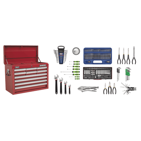 Sealey AP33109COMBO Superline PRO® Topchest 10 Drawer with 139pc Tool Kit - Red - AP33109COMBO - Sealey Tools UK - Trade Counter Direct