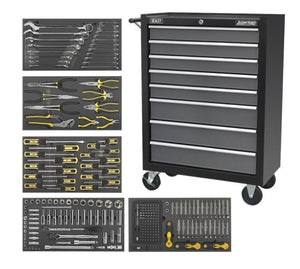 Sealey AP35TBCOMBO3 Rollcab 8 Drawer Ball Bearing Slides - Black/Grey with 302pc Tool Kit - AP35TBCOMBO3 - Sealey Tools UK - Trade Counter Direct