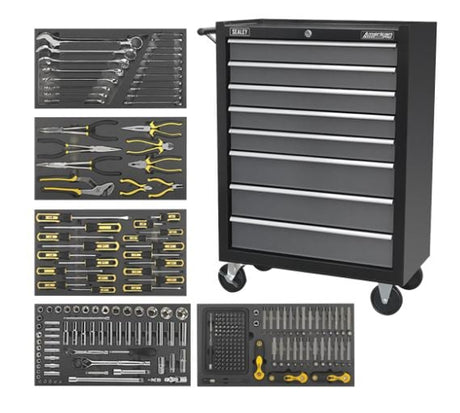 Sealey AP35TBCOMBO3 Rollcab 8 Drawer Ball Bearing Slides - Black/Grey with 302pc Tool Kit - AP35TBCOMBO3 - Sealey Tools UK - Trade Counter Direct