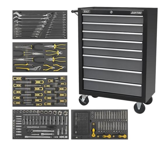 Sealey AP35TBCOMBO3 Rollcab 8 Drawer Ball Bearing Slides - Black/Grey with 302pc Tool Kit - AP35TBCOMBO3 - Sealey Tools UK - Trade Counter Direct