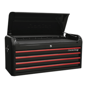 Sealey AP41104BR Topchest 4 Drawer Wide Retro Style - Black with Red Anodised Drawer Pulls - AP41104BR - Sealey Tools UK - Trade Counter Direct