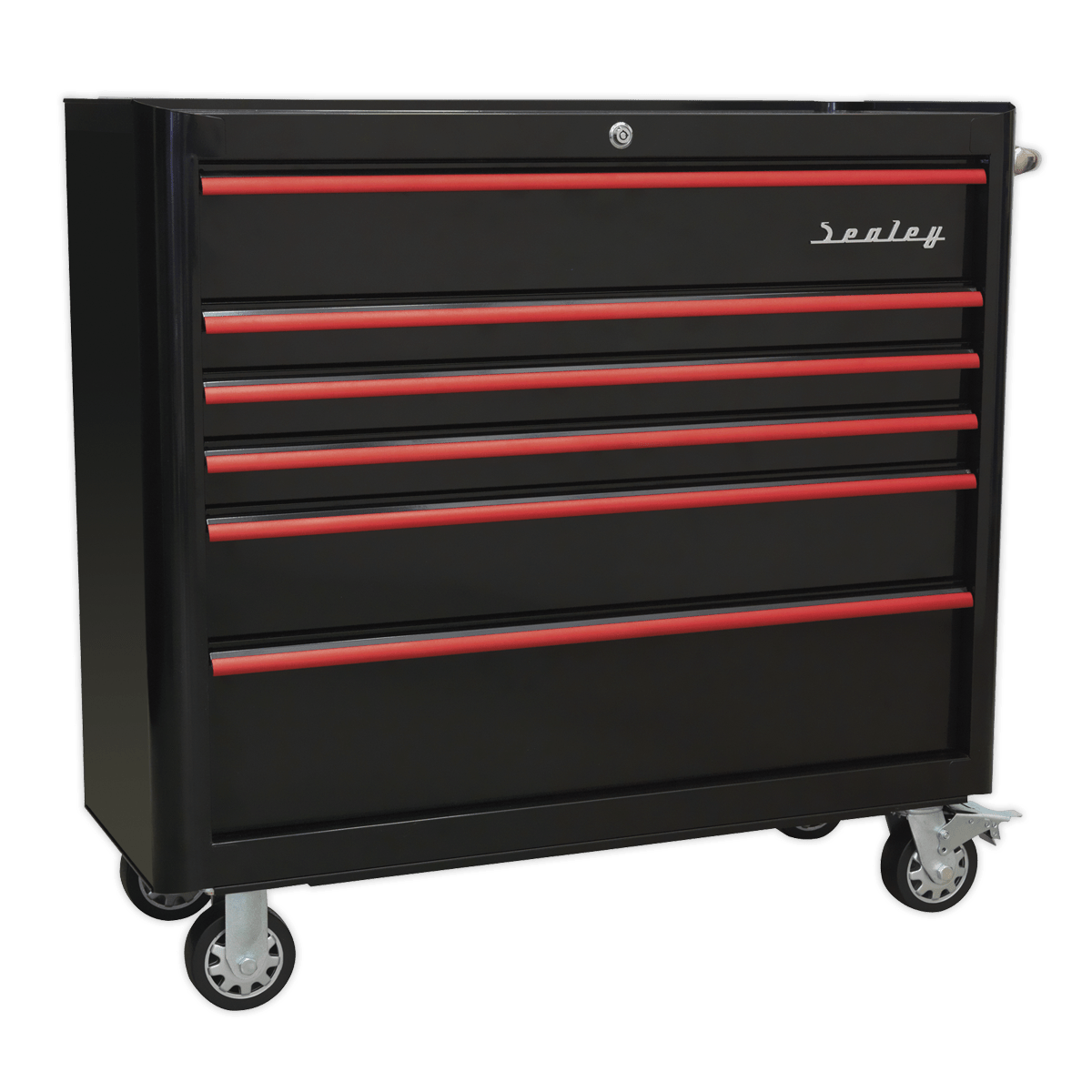 Sealey AP41206BR Premier™ Retro Style Wide Rollcab 6 Drawer - Black with Red Anodised Drawer Pulls - AP41206BR - Sealey Tools UK - Trade Counter Direct