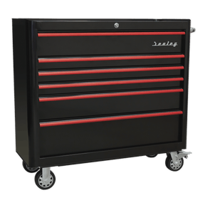 Sealey AP41206BR Premier™ Retro Style Wide Rollcab 6 Drawer - Black with Red Anodised Drawer Pulls - AP41206BR - Sealey Tools UK - Trade Counter Direct