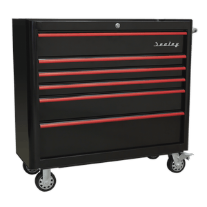 Sealey AP41206BR Premier™ Retro Style Wide Rollcab 6 Drawer - Black with Red Anodised Drawer Pulls - AP41206BR - Sealey Tools UK - Trade Counter Direct