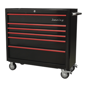 Sealey AP41206BR Premier™ Retro Style Wide Rollcab 6 Drawer - Black with Red Anodised Drawer Pulls - AP41206BR - Sealey Tools UK - Trade Counter Direct